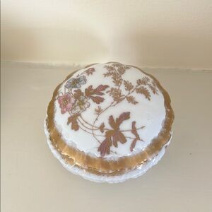 Antique Limoges Porcelain Round Floral Trinket Box with Gold Accents